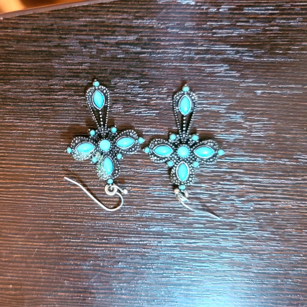 Teal cross earrings